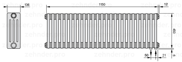 Схема (чертеж) Радиатор Zehnder Charleston 4045/25 №5510 Белый глянцевый RAL 9016